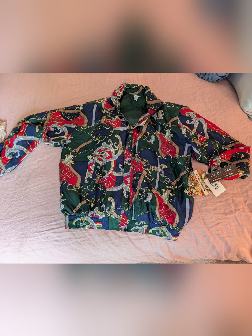 NWT Vintage 90s Fuda International Silk Bomber Jacket Baroque Chain Print XL